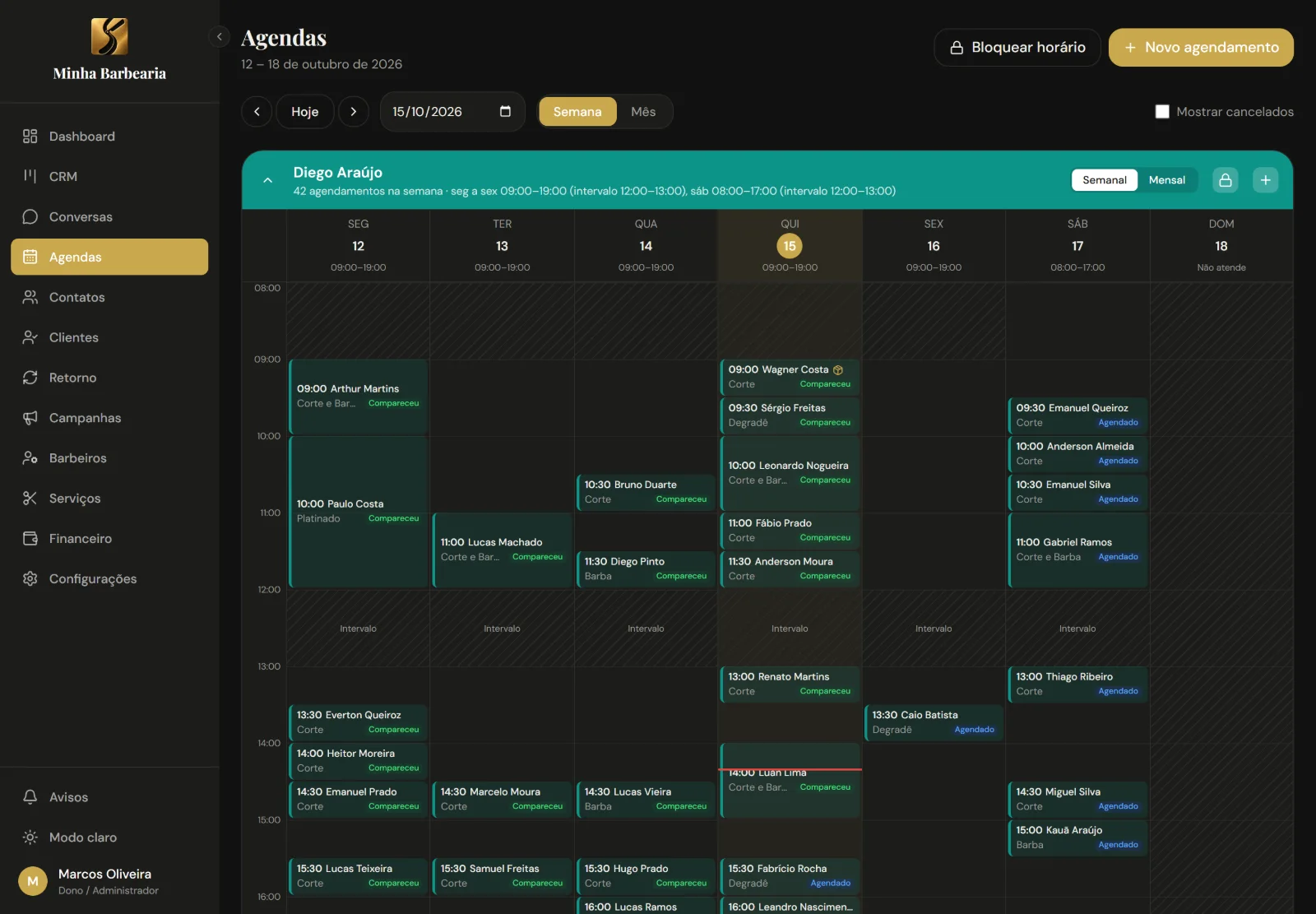 Tela da agenda semanal de um barbeiro, com os horários do dia.