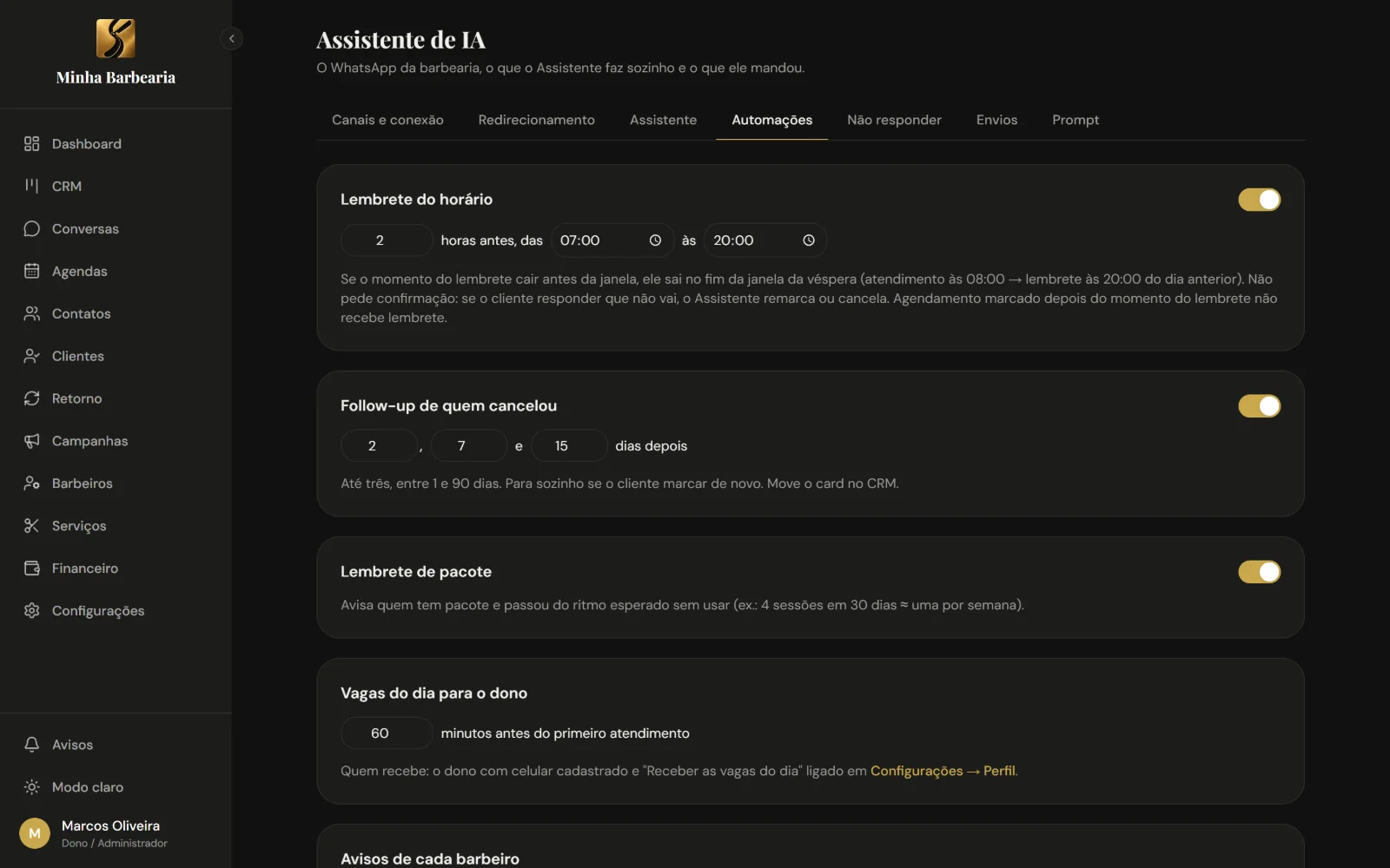Tela das automações do Assistente de IA.