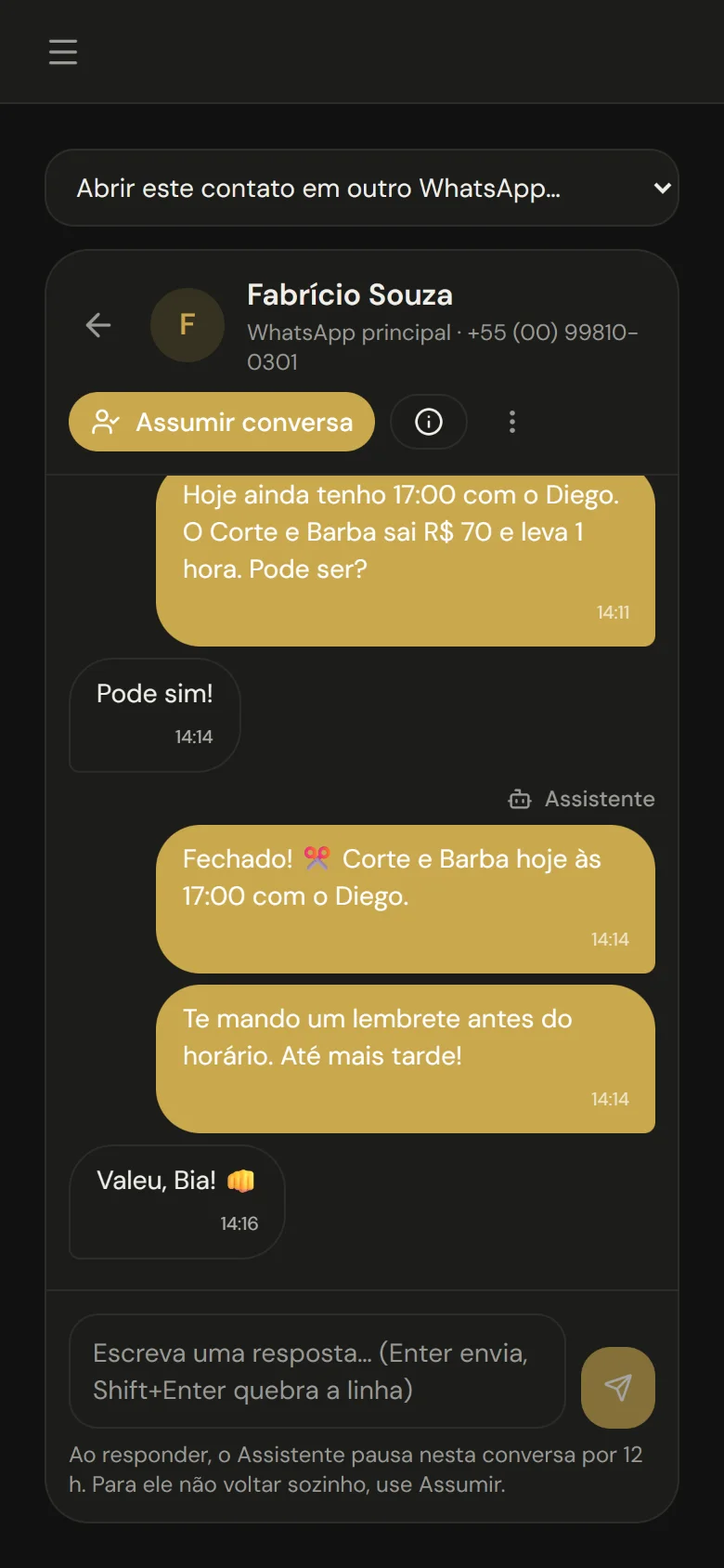 Uma conversa do WhatsApp aberta no painel, no celular.