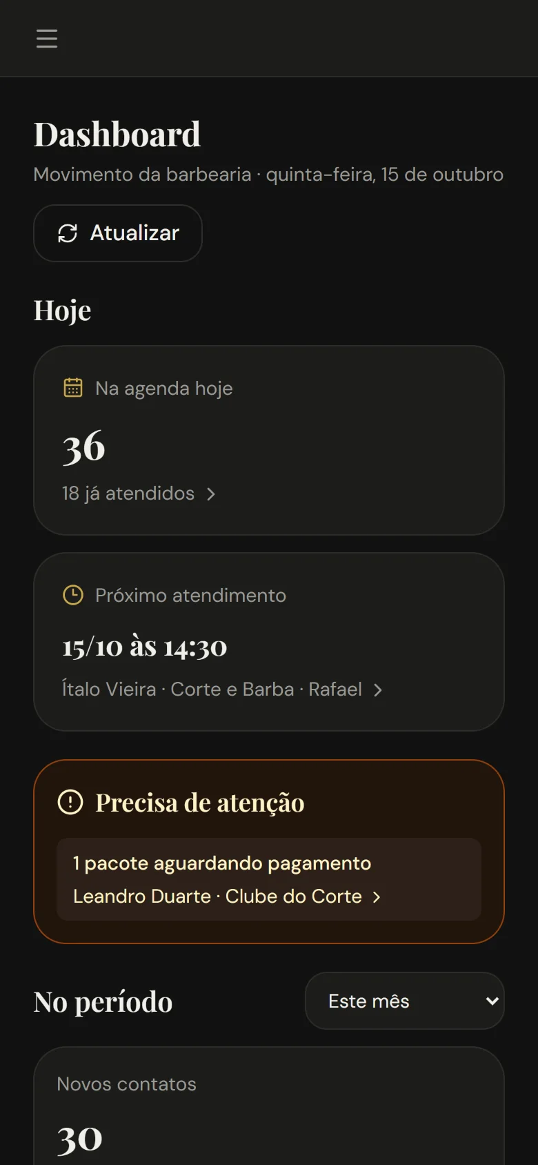 O painel da barbearia no celular.